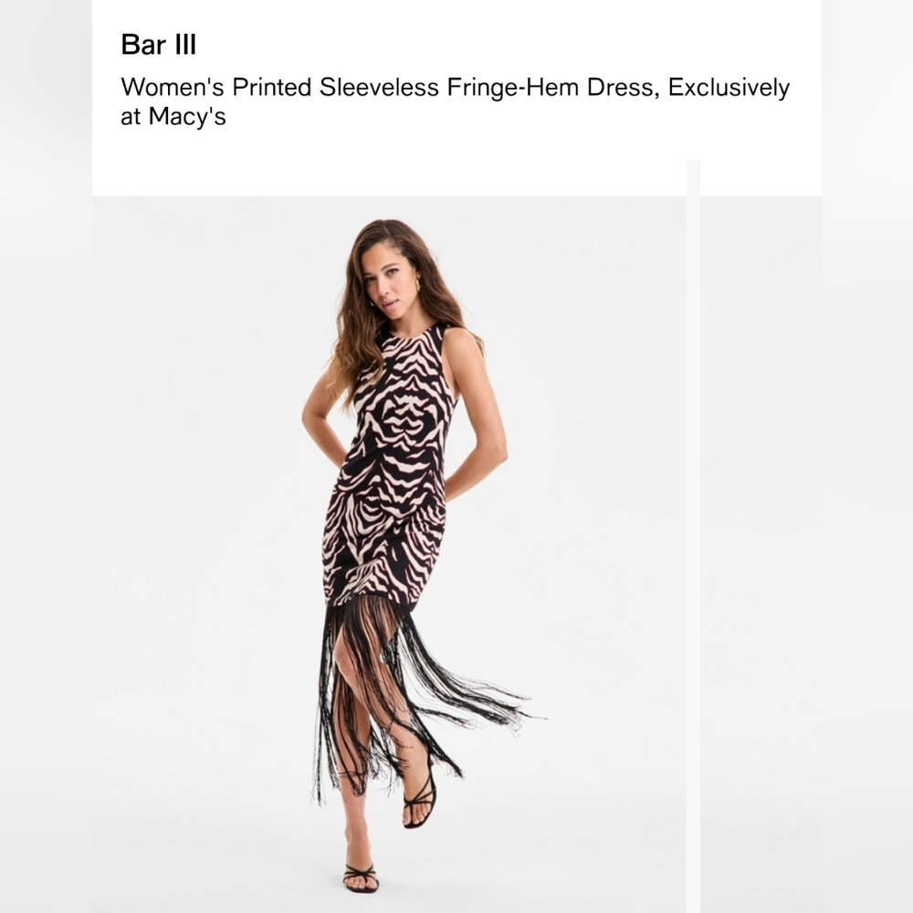 Bar III Black & Blush Zebra-Print Fringe-Hem Mini Dress